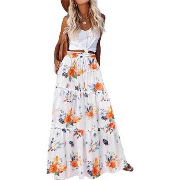 Womens Maxi Skirts, Flowy Skirt with Pockets Floral White - Picture 1 of 5